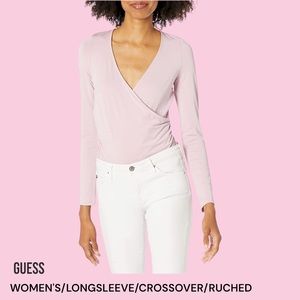 GUESS Women's Long Sleeve Crossover Ruched MENA Top, New Dawn Pink, Small